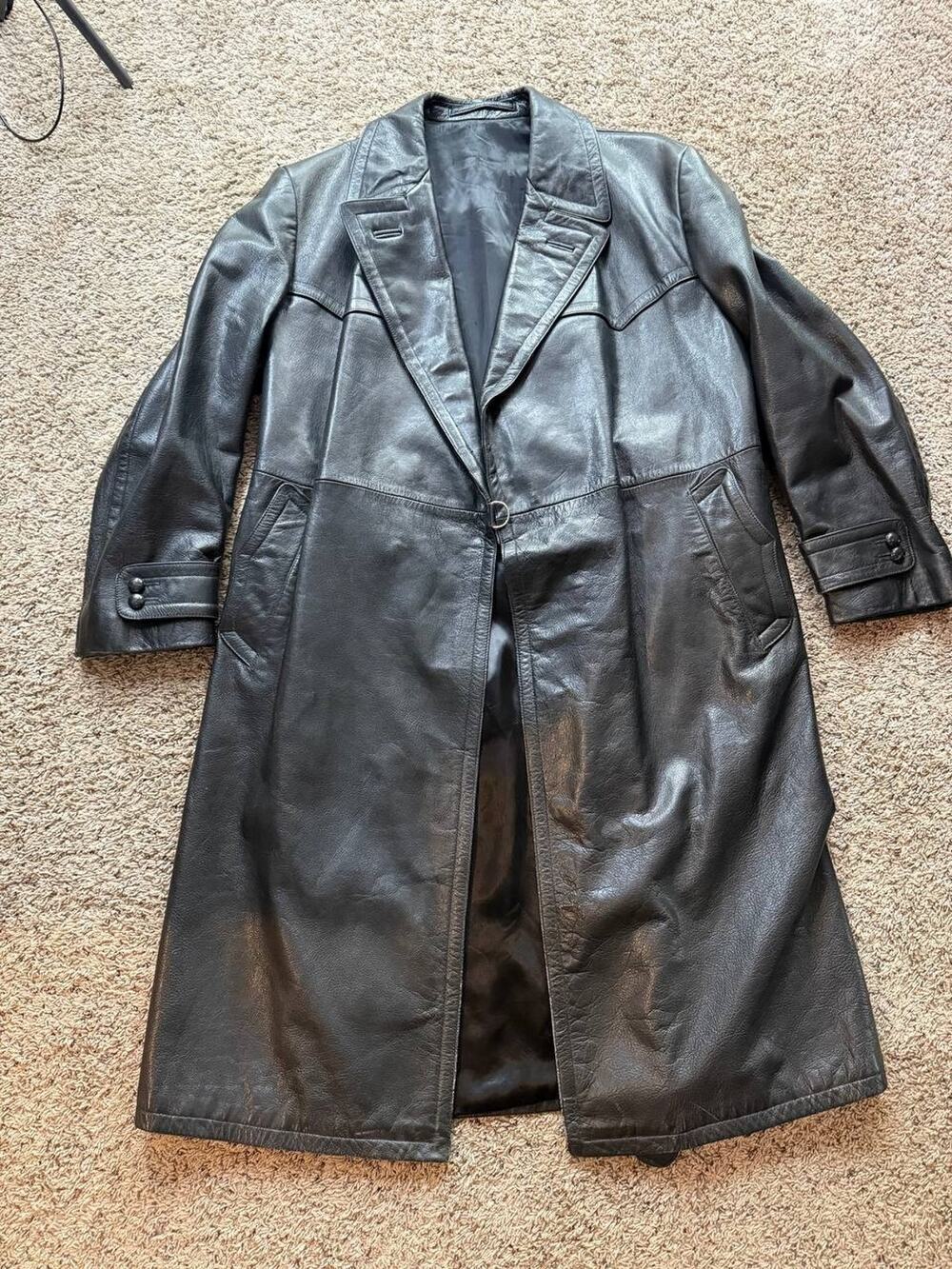 Vintage 1940s German Horsehide Leather Trench Black Coat Gutos Pforzheim Officer